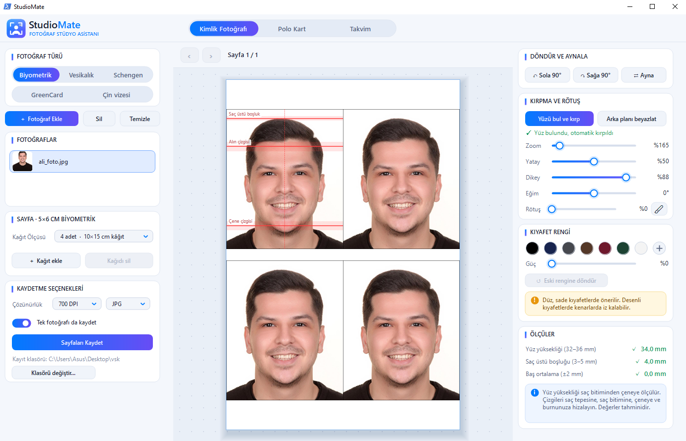 StudioMate biyometrik fotoğraf ekranı
